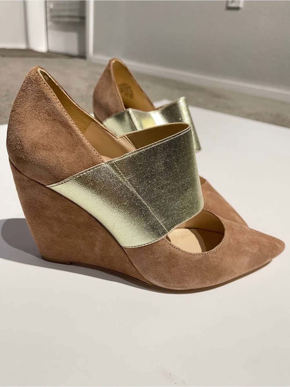 Nine West Taupe Suede Wedges with Gold Elastic Strap